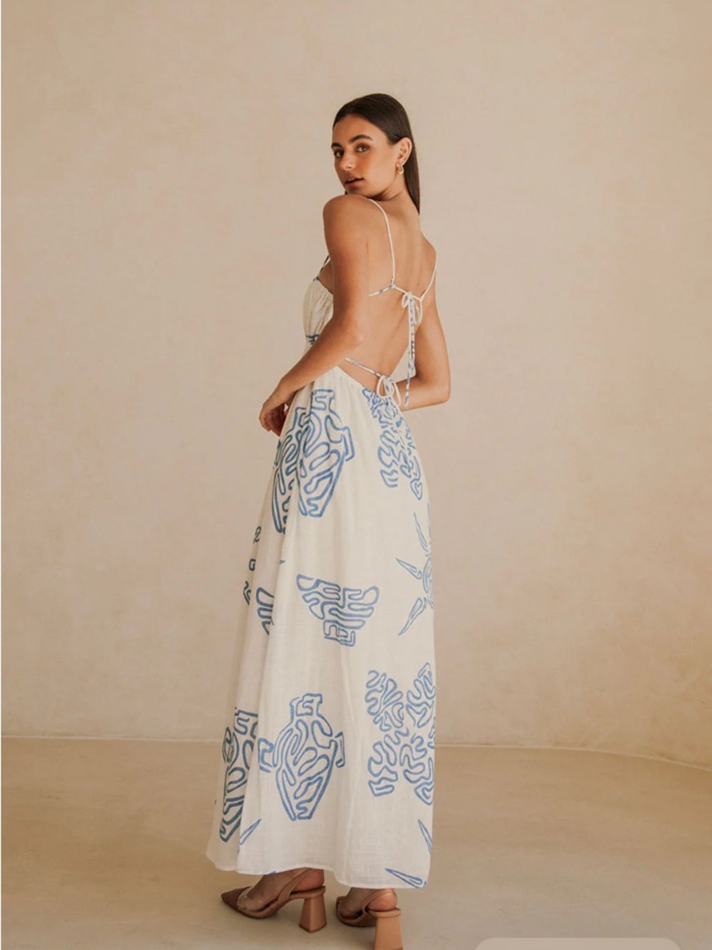 Sabo Skirt Cream Maxi Dress with Blue Print - Picture 2 of 3